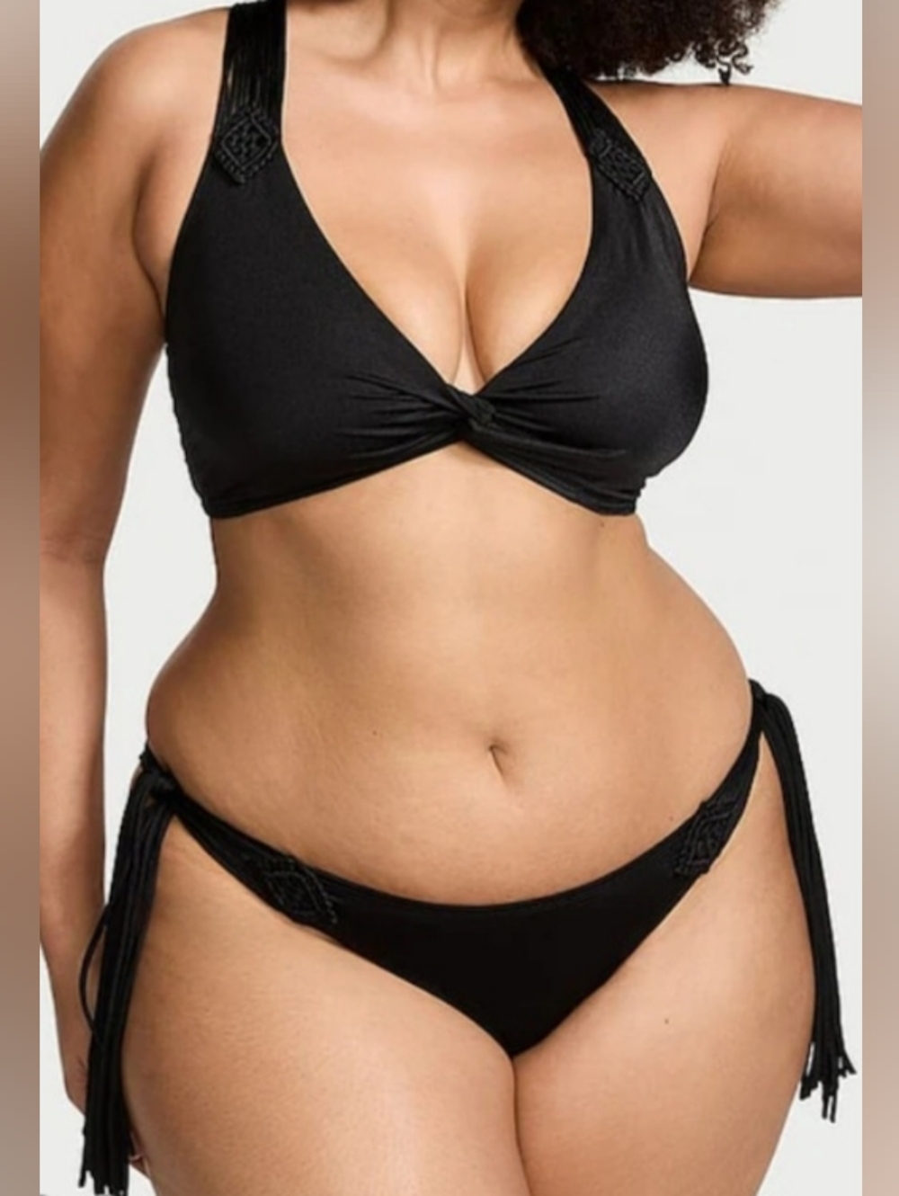XL VS Archives Swim Macrame Fringe Bralette Cheeky Bikini Set Black Tropical - Picture 4 of 6